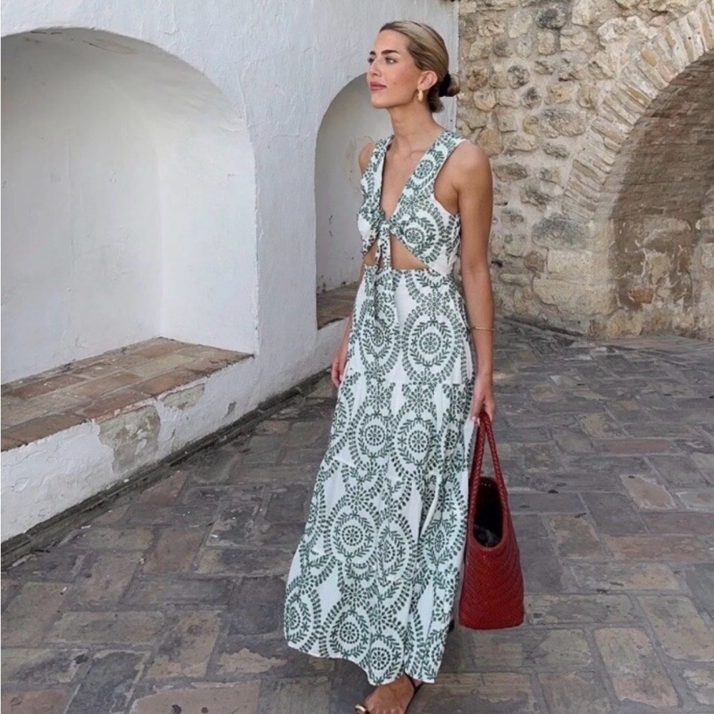 Zara Green & White Embroidered Tie-Front Cut-out Midi Dress